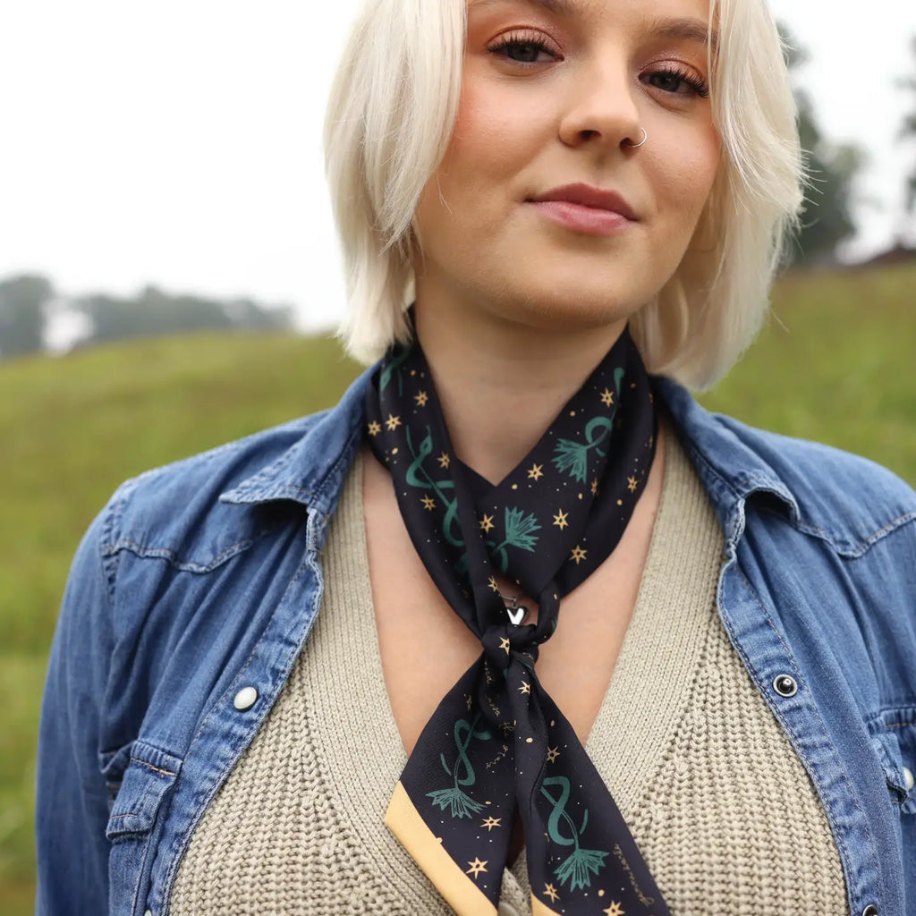 “Saddle Up and Lasso the Star” Hand-Drawn Silk Twilly Scarf JE03