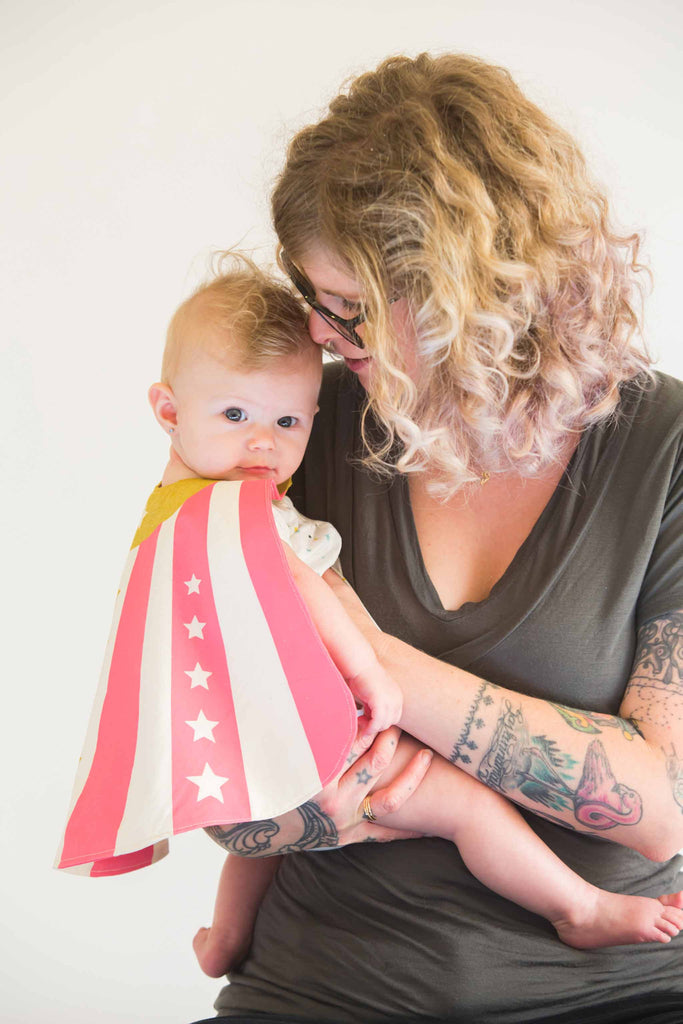 Pink baby super hero cape costume, in pink and orange, for dress up, playwear by lovelane designs