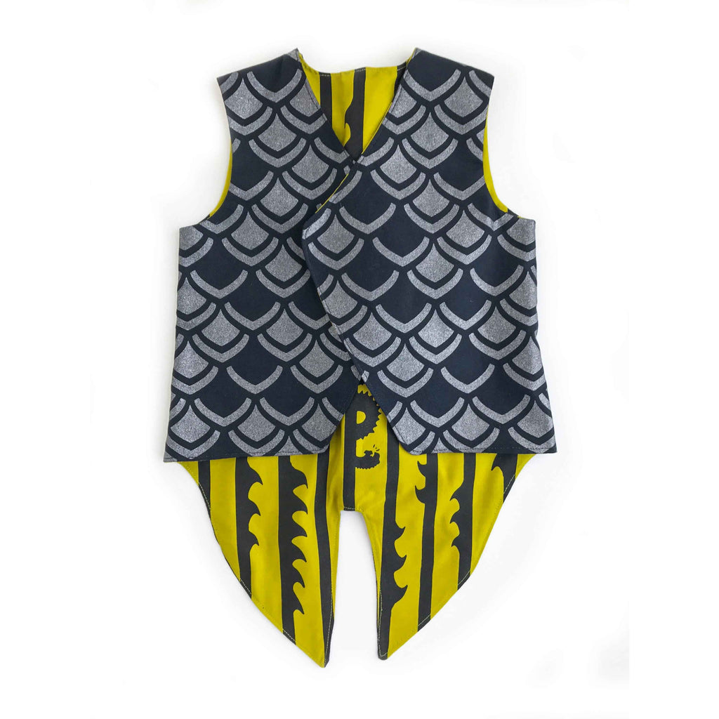 Dapper monster costume in black graphite and pickle, spiked vest with tails, for dress up, playwear by lovelane designs