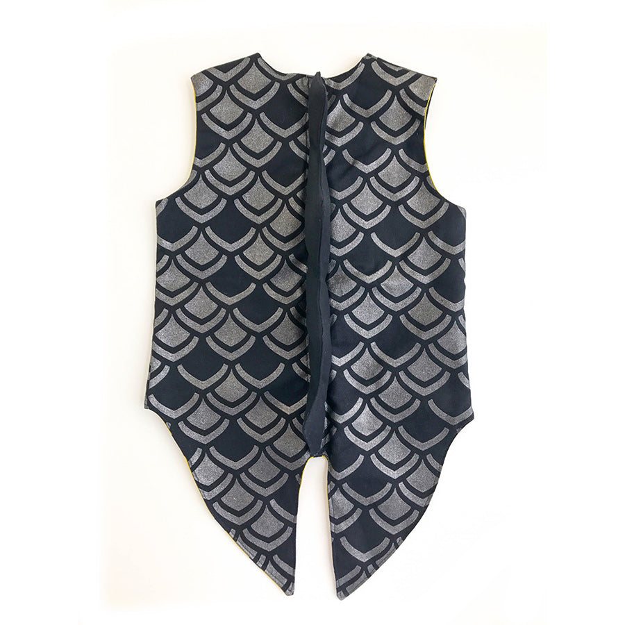 Dapper monster costume in black graphite and pickle, spiked vest with tails, for dress up, playwear by lovelane designs