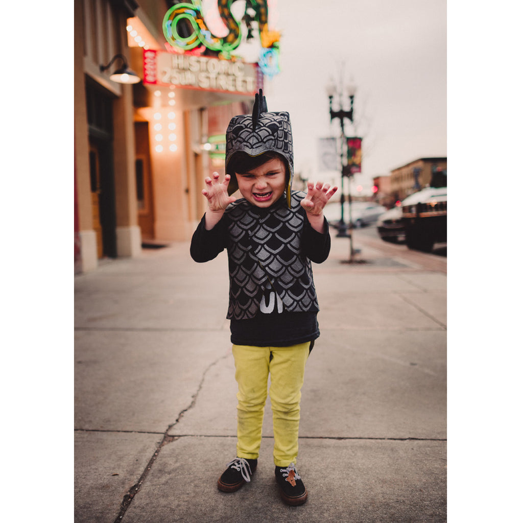 Dapper monster costume in black graphite and pickle, spiked hat and vest with tails, for dress up, playwear by lovelane designs