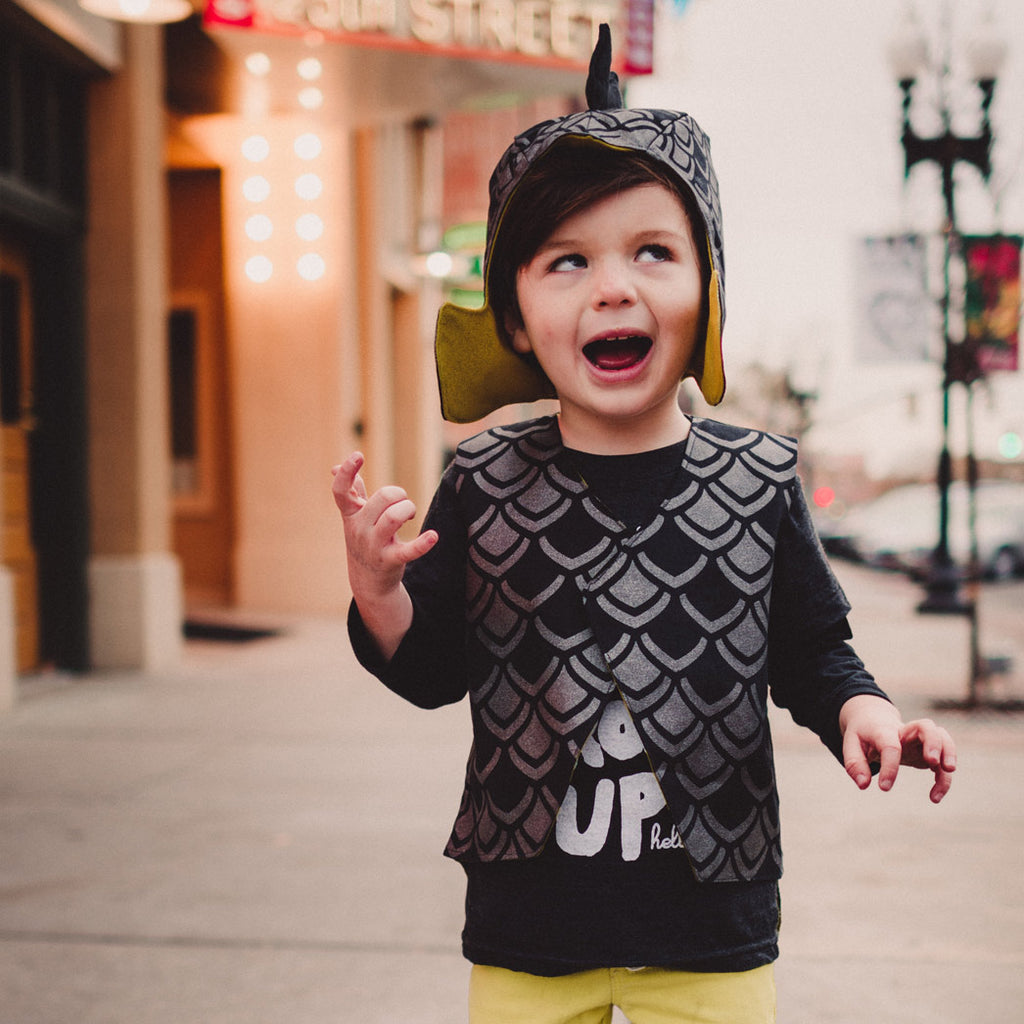 Dapper monster costume in black graphite and pickle, spiked hat and vest with tails, for dress up, playwear by lovelane designs