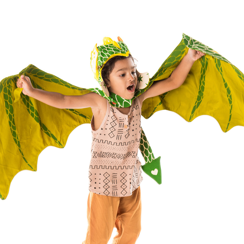 Green dragon wings and hat costume set, for fairytale dress up, playwear by lovelane designs