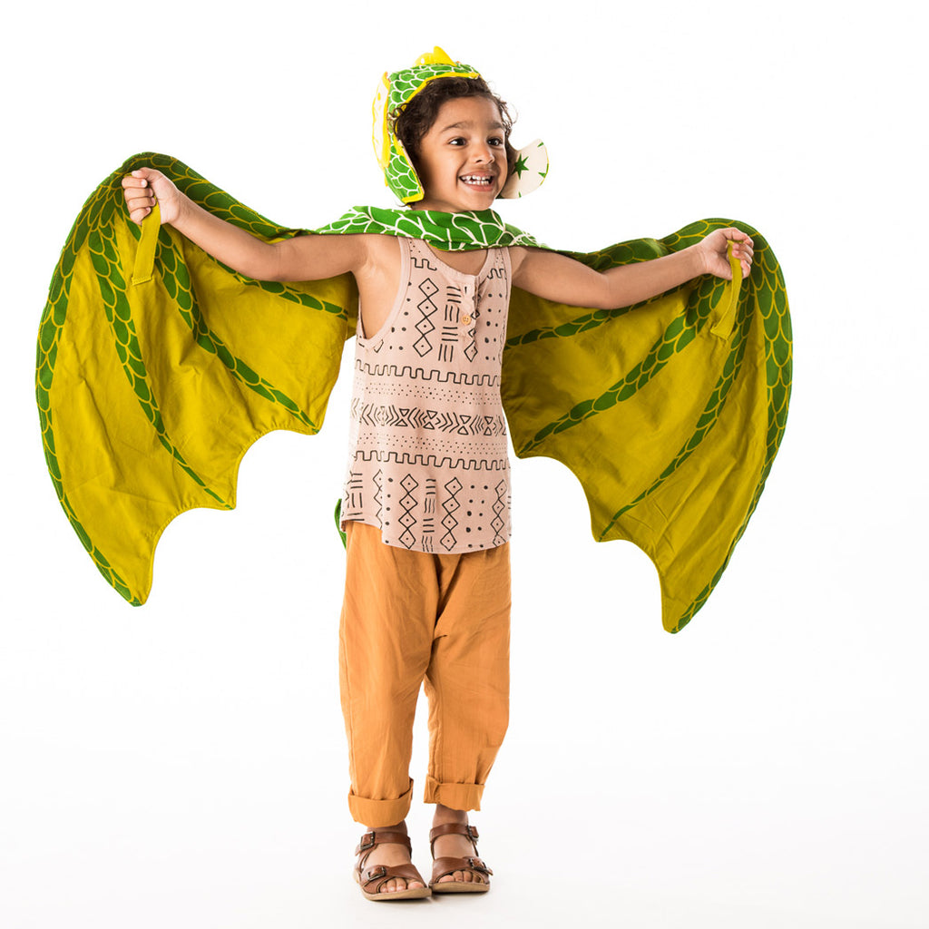 Green dragon wings and hat costume set, for fairytale dress up, playwear by lovelane designs