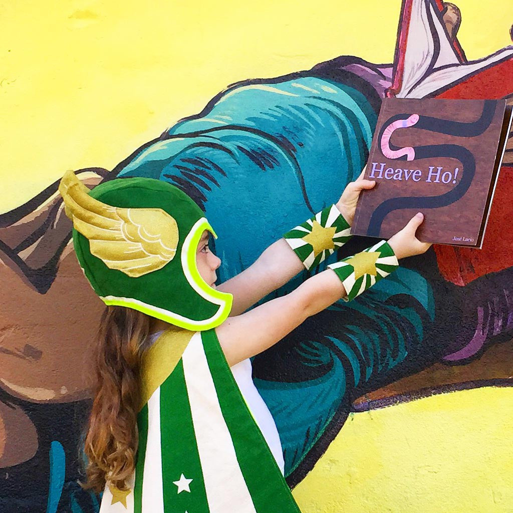 Green flying super hero cape costume set with hat, stripes and stars, gold wings, for dress up, playwear by lovelane designs