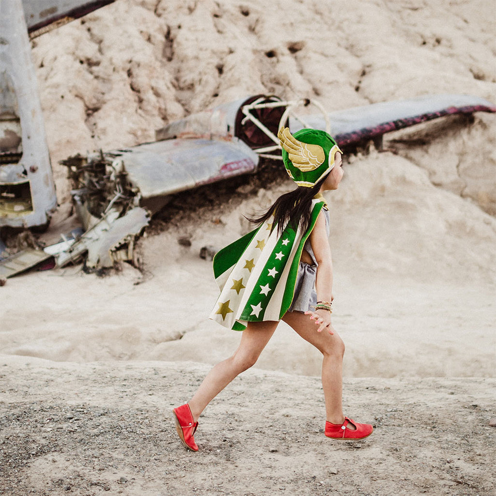 Green flying super hero cape costume set with hat, stripes and stars, gold wings, for dress up, playwear by lovelane designs