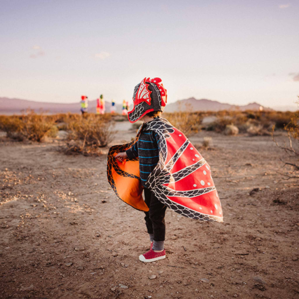 Lava dragon wings costume set with hat in shimmer black and red, for fairytale dress up, playwear by lovelane designs