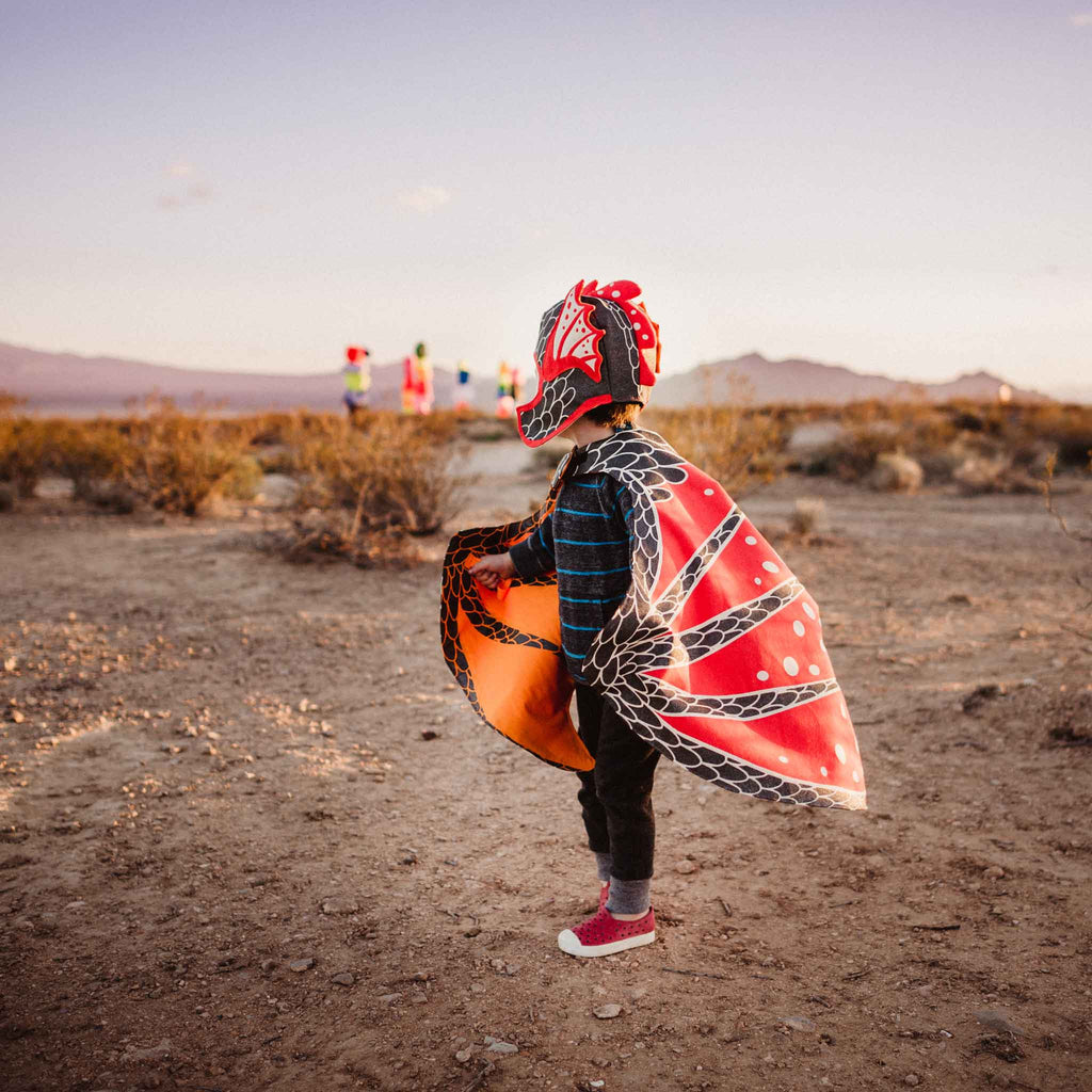 Lava dragon wings costume in shimmer black and red, for fairytale dress up, playwear by lovelane designs
