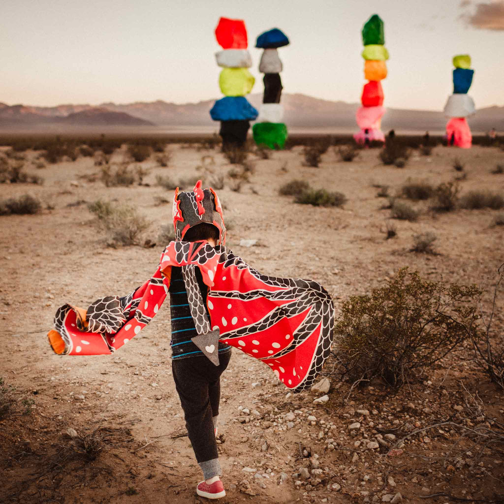 Lava dragon wings costume set with hat in shimmer black and red, for fairytale dress up, playwear by lovelane designs