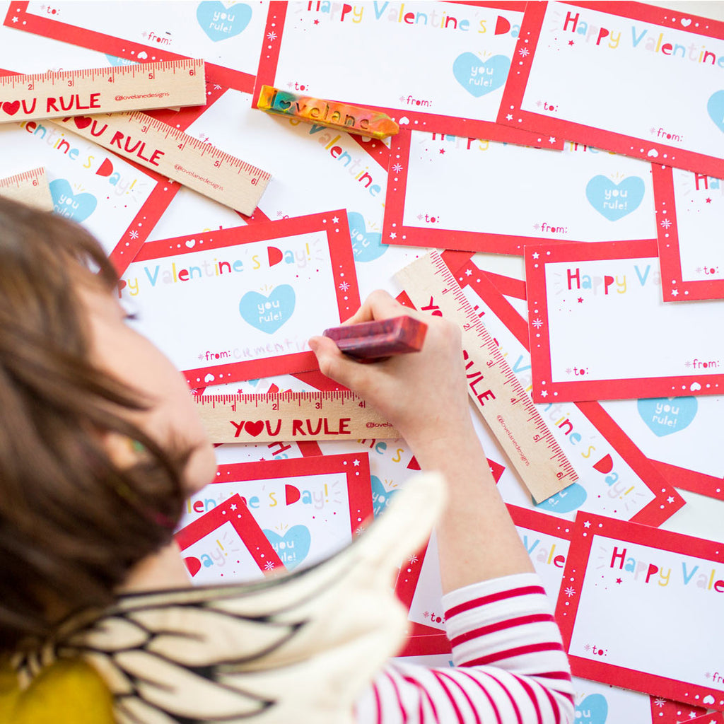 YOU RULE Valentine Cards with Wooden Rulers:  Set of 12
