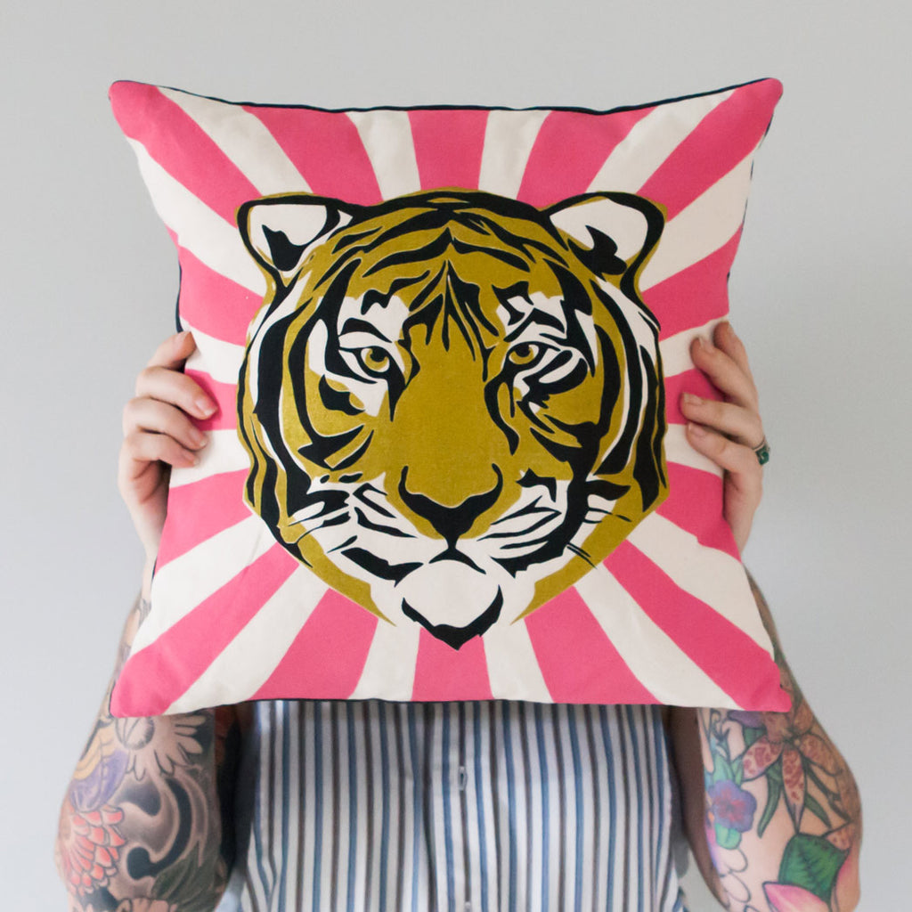 Tiger Pillow Cover: Blue or Pink 16 x 16